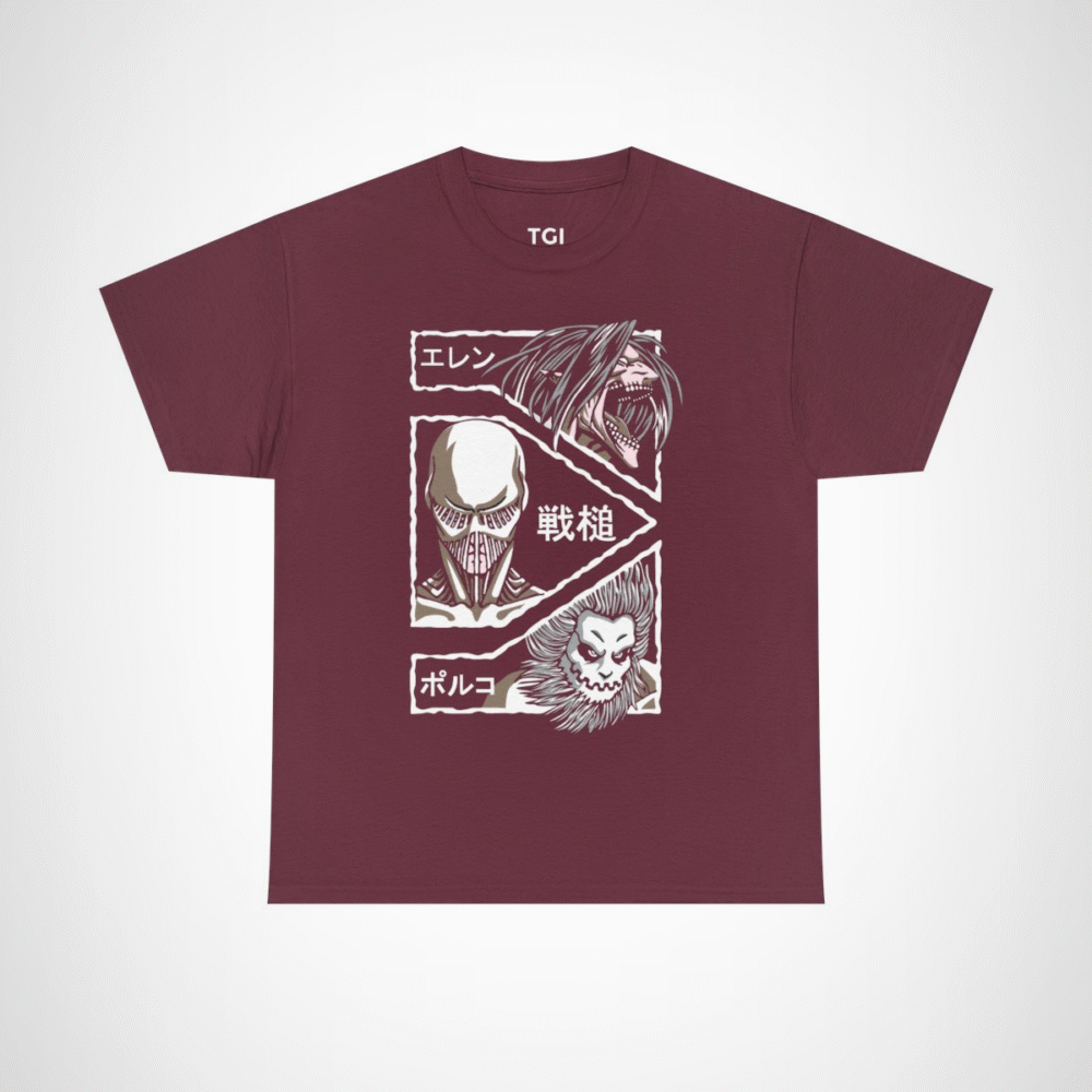 Attack on Titan inspired graphic t-shirt featuring epic designs Maroon colour
