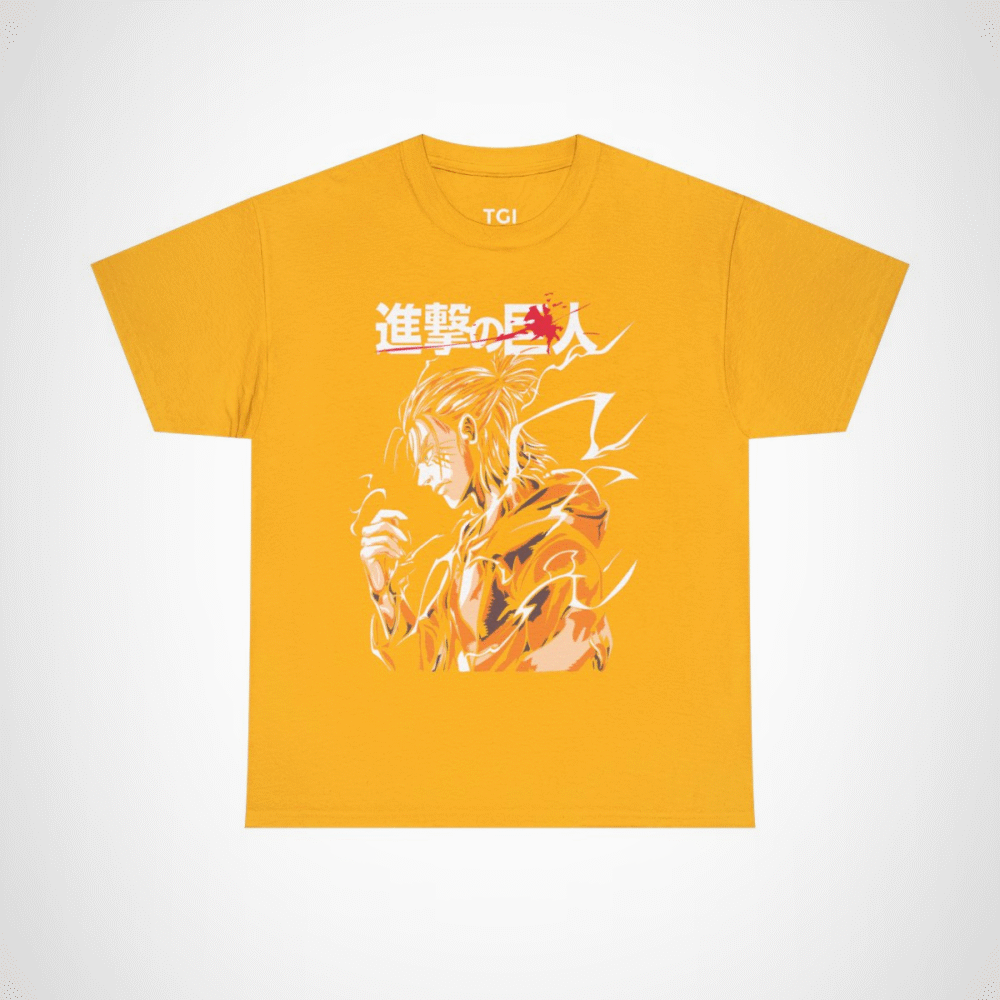 Attack on Titan inspired t-shirt featuring a titan slayer illustration Gold colour