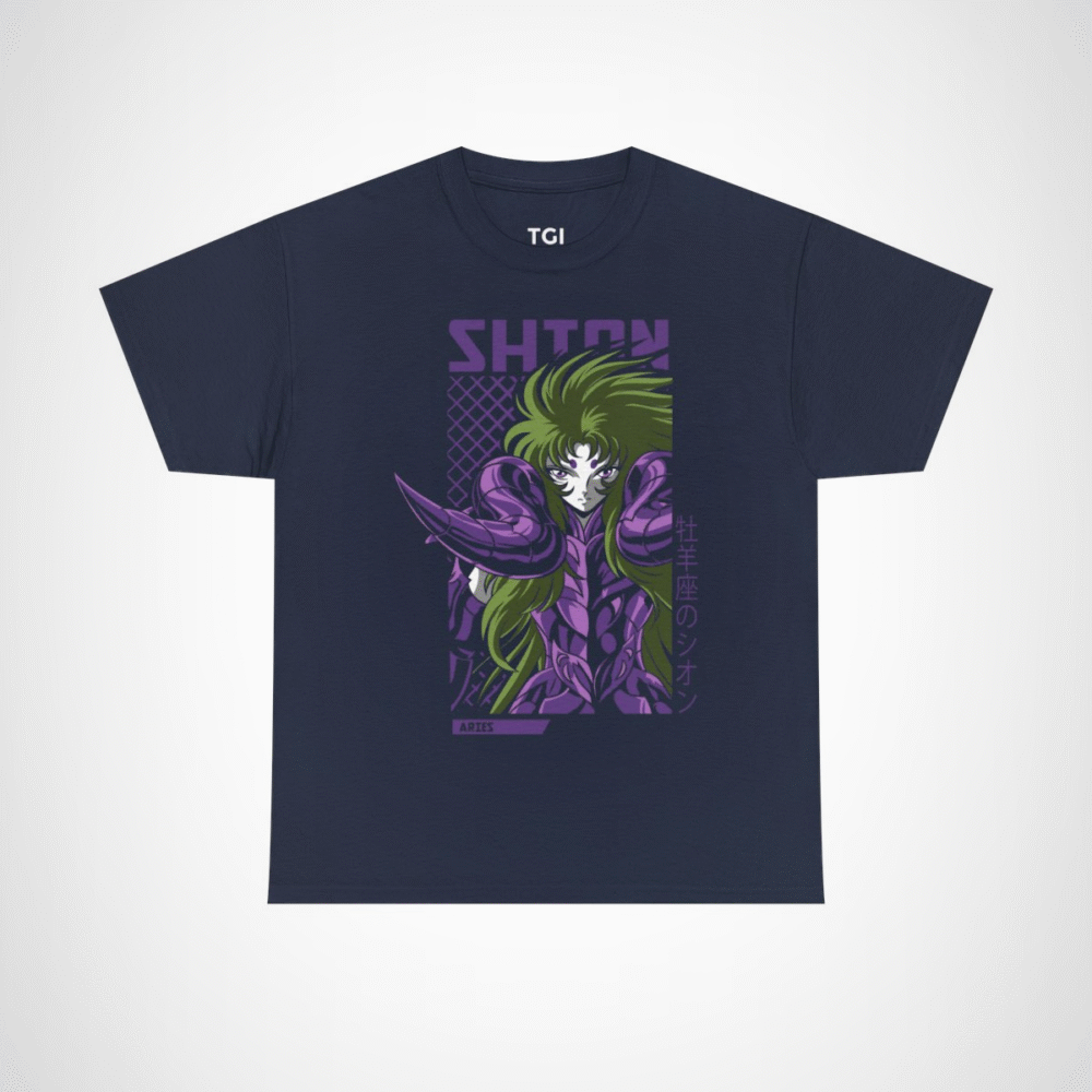 Aries Shion Mythical Warrior T-Shirt featuring stunning anime art Navy colour