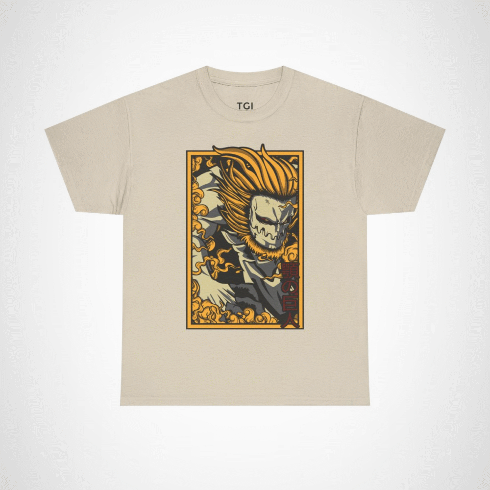 Fearless Giant Graphic Tee showcasing a giant with flames design Sand colour