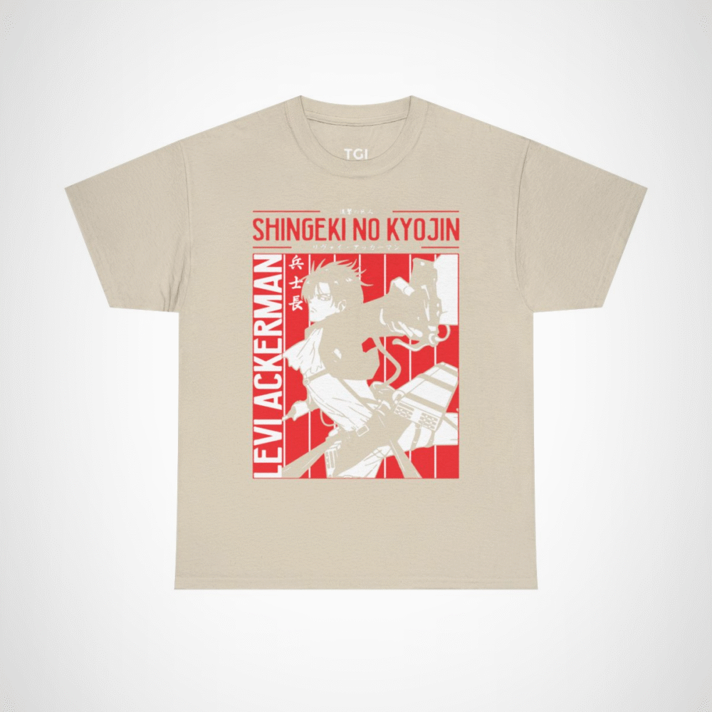 Levi Ackerman graphic t-shirt from Attack on Titan, perfect for anime fans Sand colour