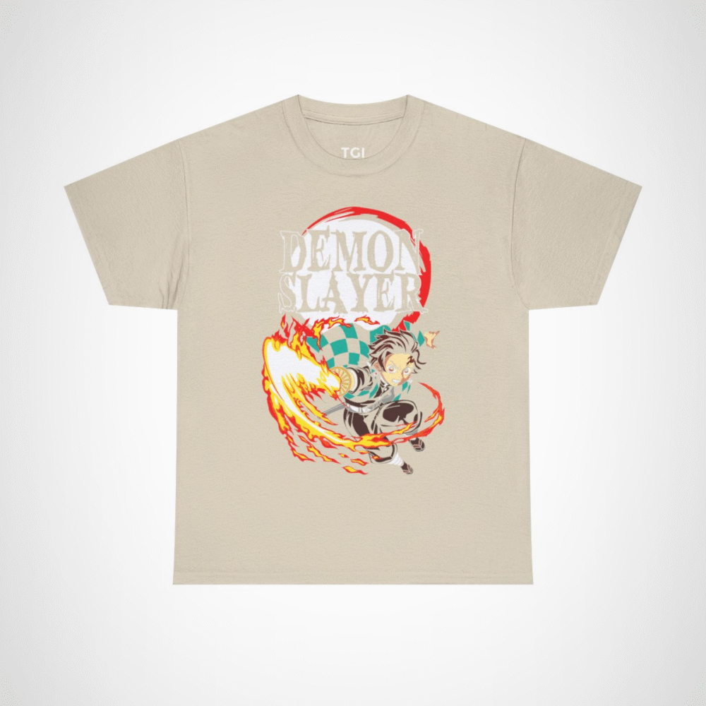 Demon Slayer Fiery Hero T-Shirt with dynamic anime character design Sand colour