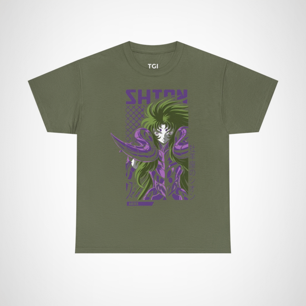 Aries Shion Mythical Warrior T-Shirt featuring stunning anime art Military Green colour