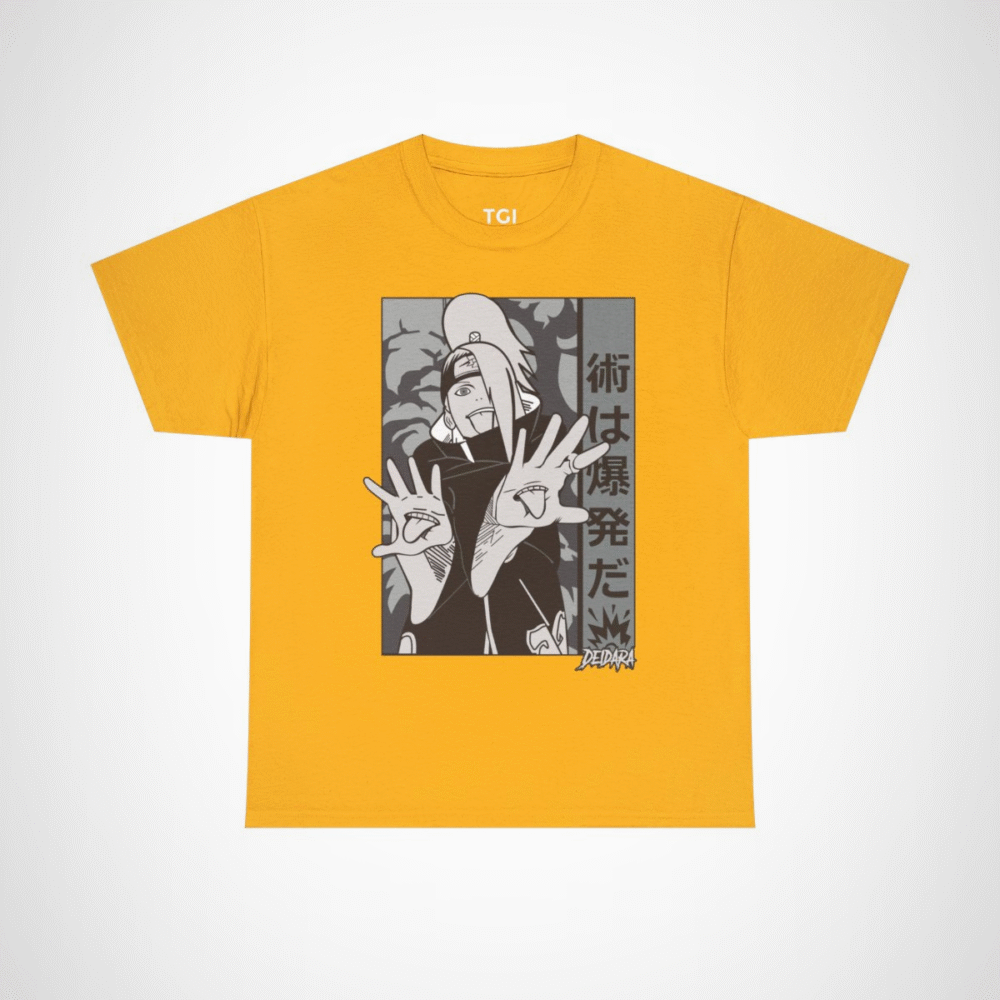 Deidara Expressionist Tee showcasing vibrant anime art and character pose Gold colour