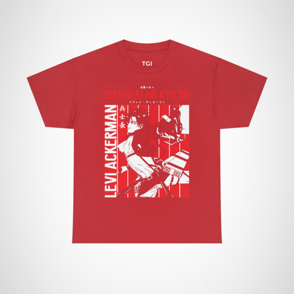 Levi Ackerman graphic t-shirt from Attack on Titan, perfect for anime fans Red colour