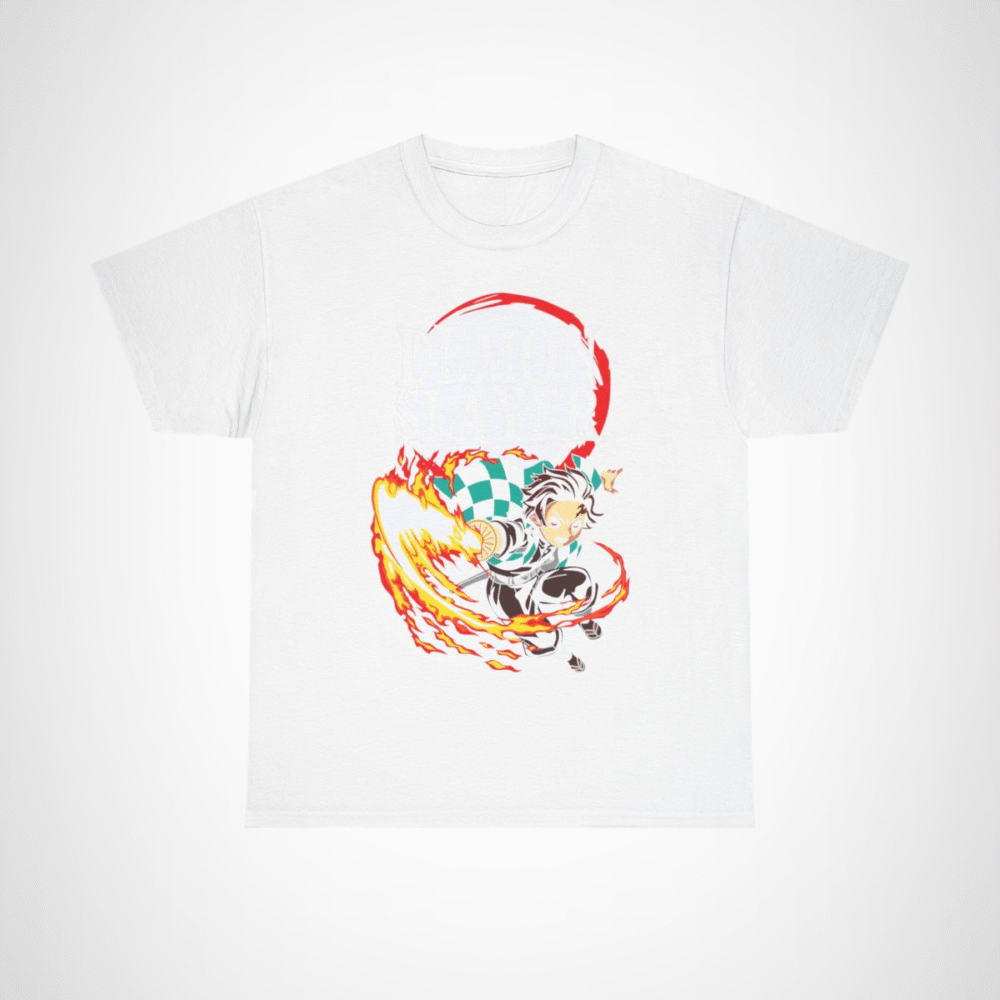 Demon Slayer Fiery Hero T-Shirt with dynamic anime character design White colour