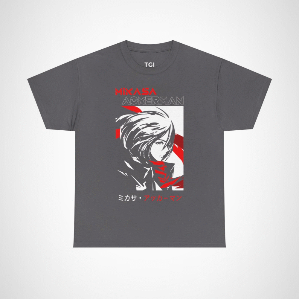 Mikasa Ackerman T-Shirt featuring vibrant artwork from Attack on Titan Charcoal colour