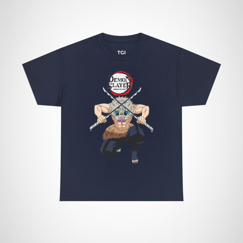 Demon Slayer T-Shirt with fierce warrior design and dual swords Navy colour