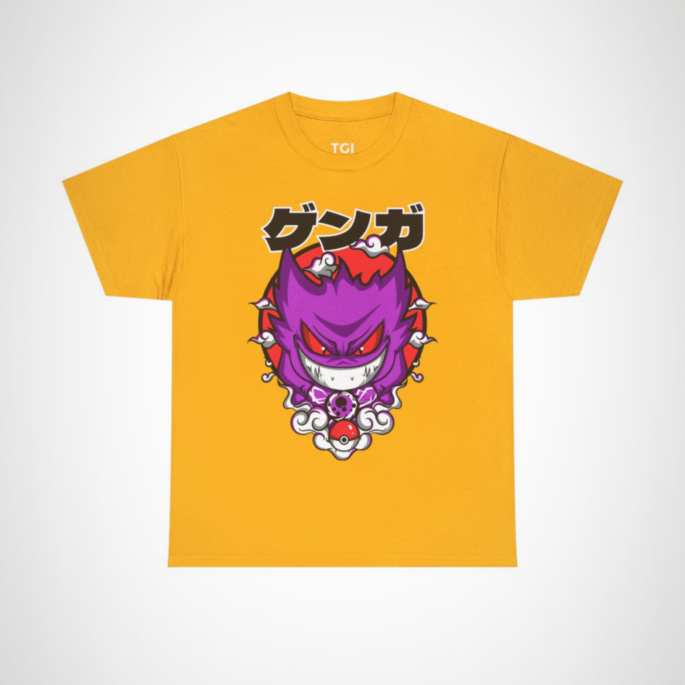 Gengar Ghostly Adventures T-Shirt featuring vibrant design and swirling clouds Gold colour