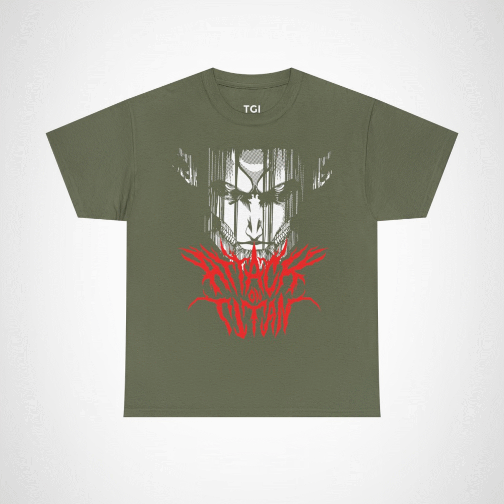 Fierce Attack on Titan graphic tee showcasing bold anime design Military Green colour