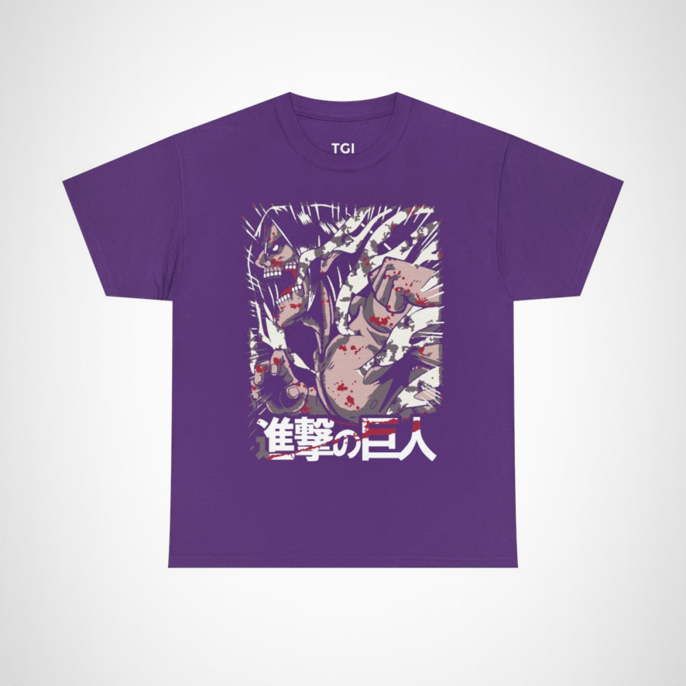 Fierce Attack on Titan inspired t-shirt featuring iconic character design Purple colour