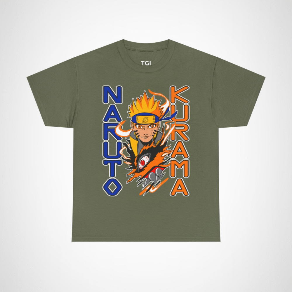 Epic Naruto Kurama graphic tee featuring Naruto Uzumaki and Kurama Military Green colour