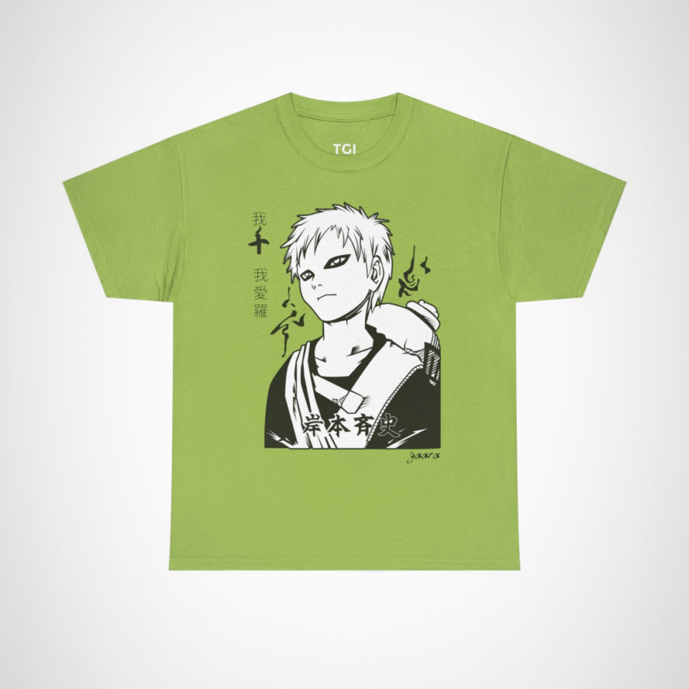Monochrome manga character line art t-shirt for manga fans Kiwi colour