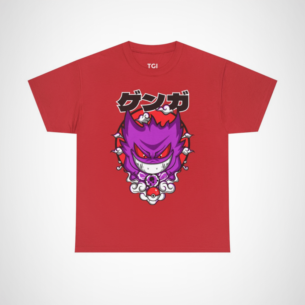 Gengar Ghostly Adventures T-Shirt featuring vibrant design and swirling clouds Red colour