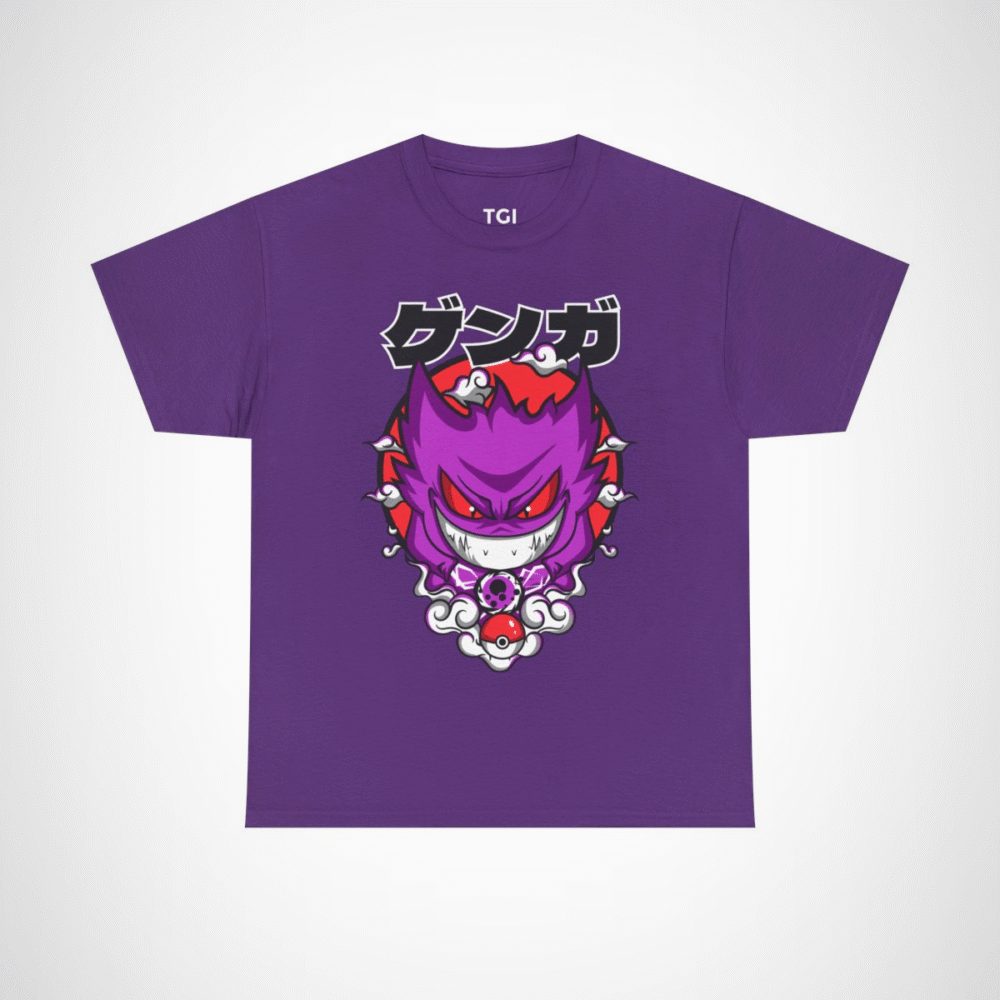 Gengar Ghostly Adventures T-Shirt featuring vibrant design and swirling clouds Purple colour