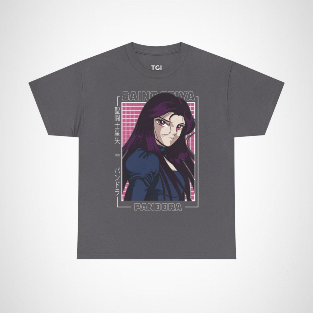 Saint Seiya Pandora Graphic Tee featuring vibrant anime artwork Charcoal colour