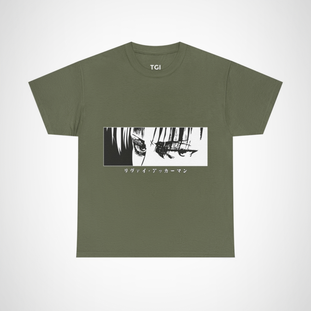 Graphic tee featuring Levi Ackerman's iconic eyes Military Green colour