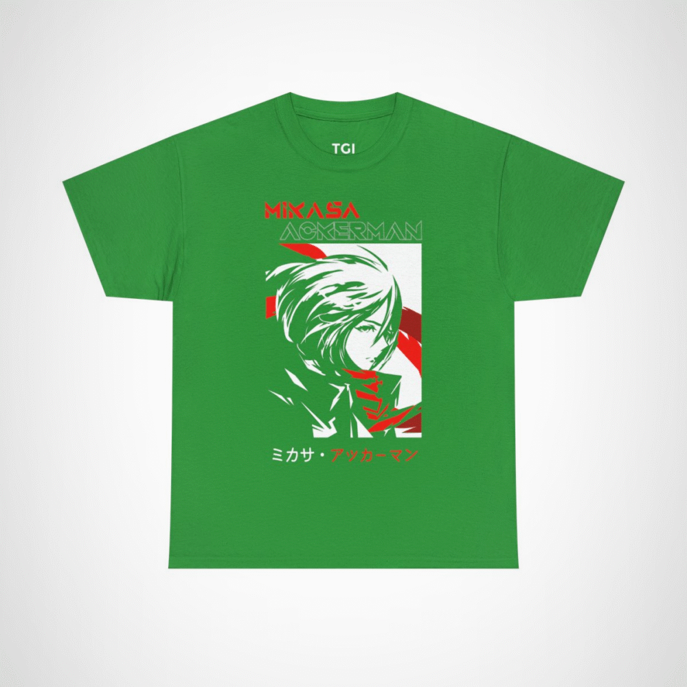 Mikasa Ackerman T-Shirt featuring vibrant artwork from Attack on Titan Irish Green colour