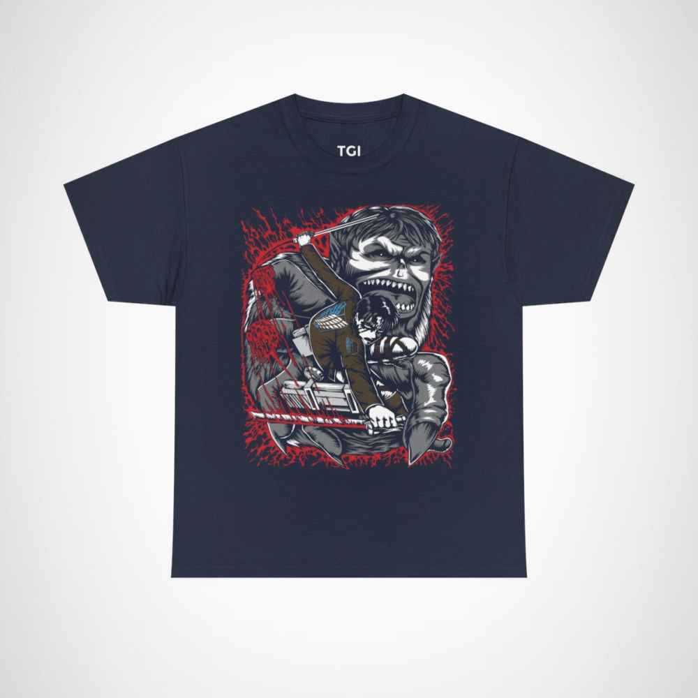 Epic Titans Battle T-Shirt featuring a fierce anime warrior design Navy colour