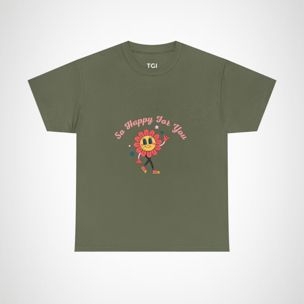 So Happy For You Flower Graphic Tee depicting a smiling flower design Military Green colour