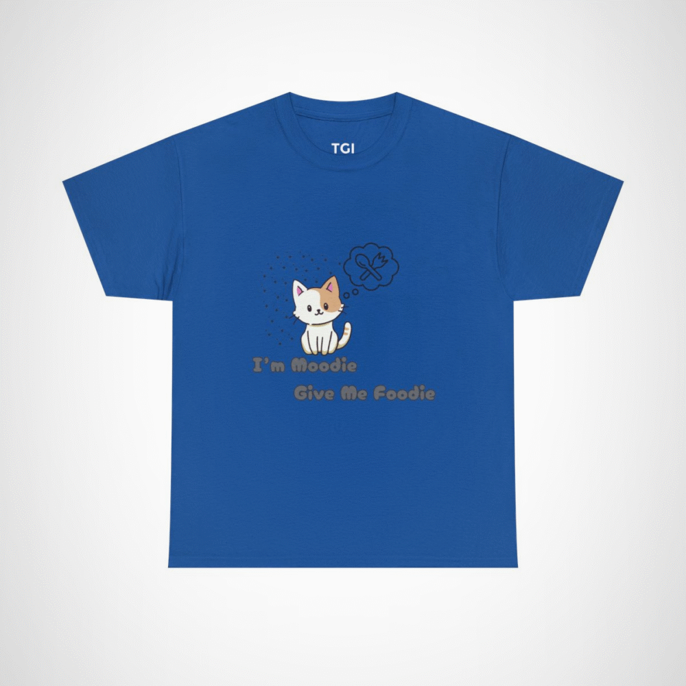 Cute 'I'm Moodie, Give Me Foodie' cat t-shirt for pet lovers, showcasing a playful design and soft fabric Royal colour