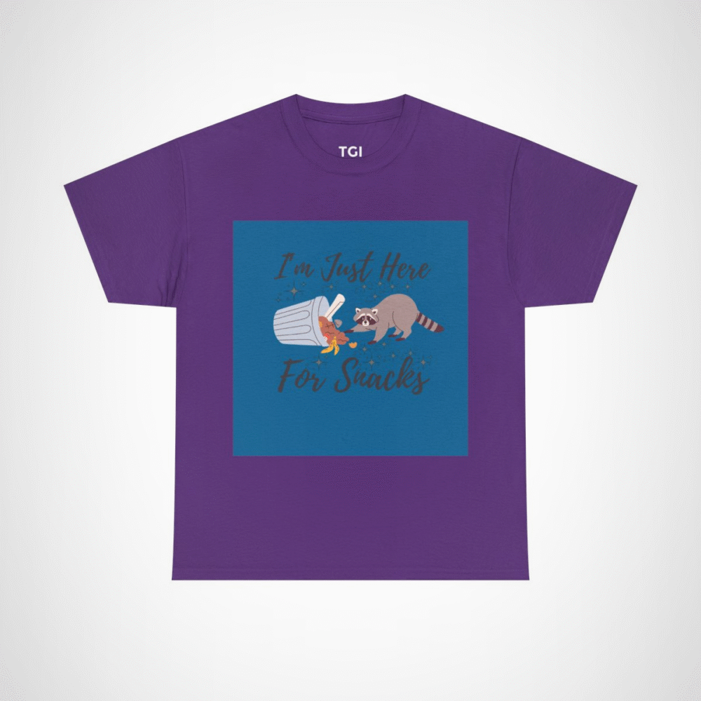 Adorable raccoon design on I'm Just Here for Snacks t-shirt Purple colour