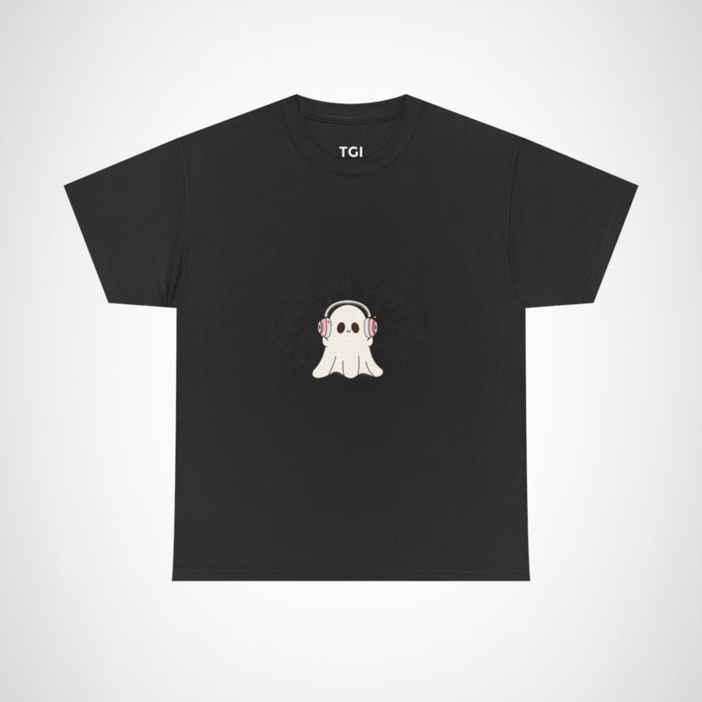 Cute Ghost with Headphones t-shirt design for Halloween and music lovers Black colour