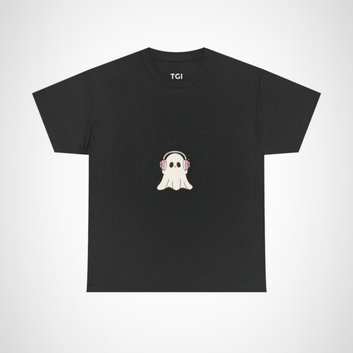 Cute Ghost with Headphones t-shirt design for Halloween and music lovers Black colour