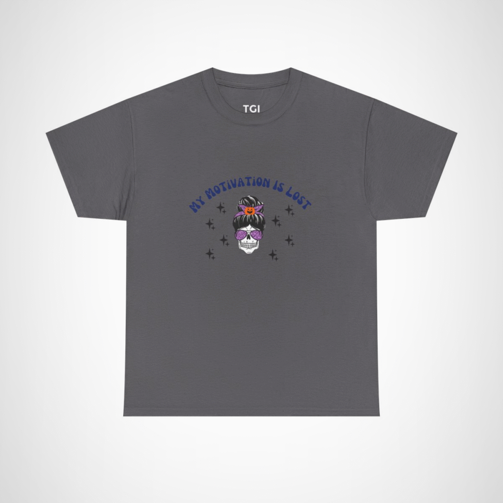 Skull Princess T-Shirt with the phrase My Motivation is Lost Charcoal colour
