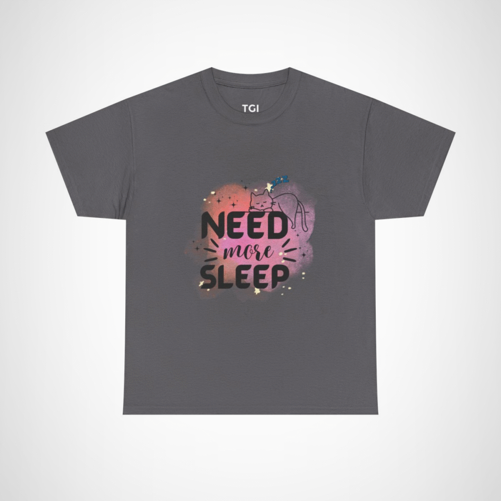 Need More Sleep Cat T-Shirt featuring a snoozing cat design Charcoal colour