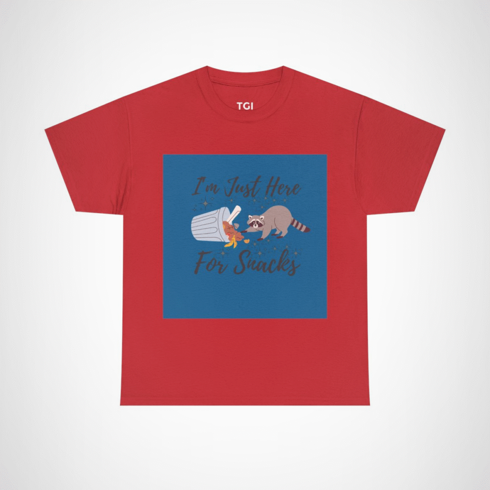 Adorable raccoon design on I'm Just Here for Snacks t-shirt Red colour