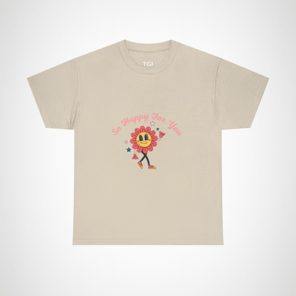 So Happy For You Flower Graphic Tee depicting a smiling flower design Sand colour