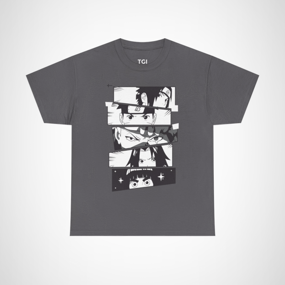 Vibrant anime faces collage on cotton t-shirt Charcoal colour