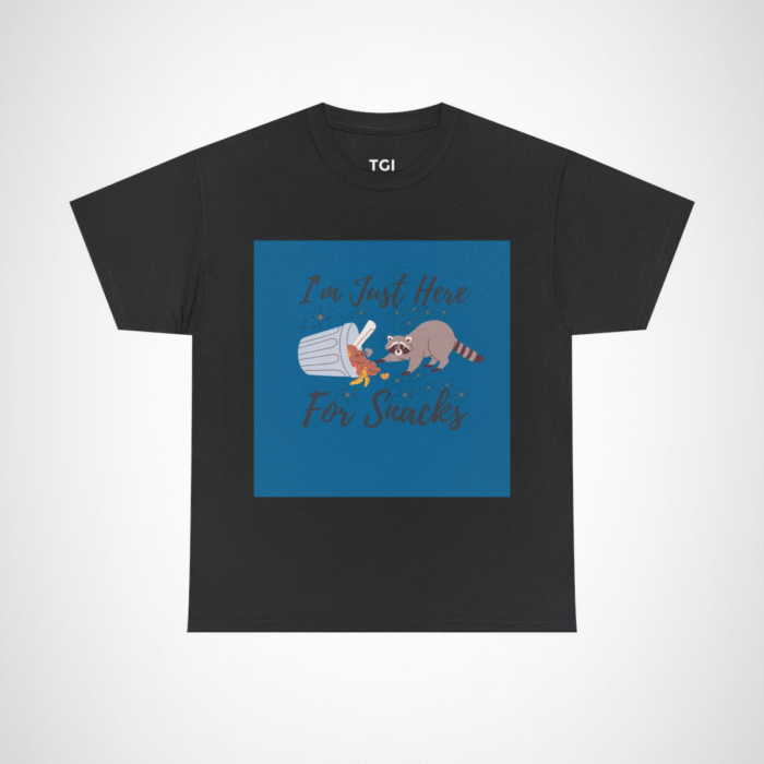 Adorable raccoon design on I'm Just Here for Snacks t-shirt Black colour