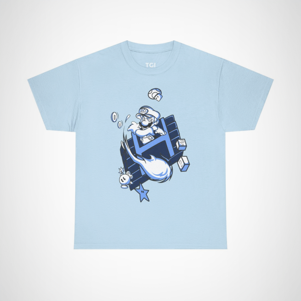 Retro Gamer Mario T-Shirt with vibrant design and gaming elements Light Blue colour