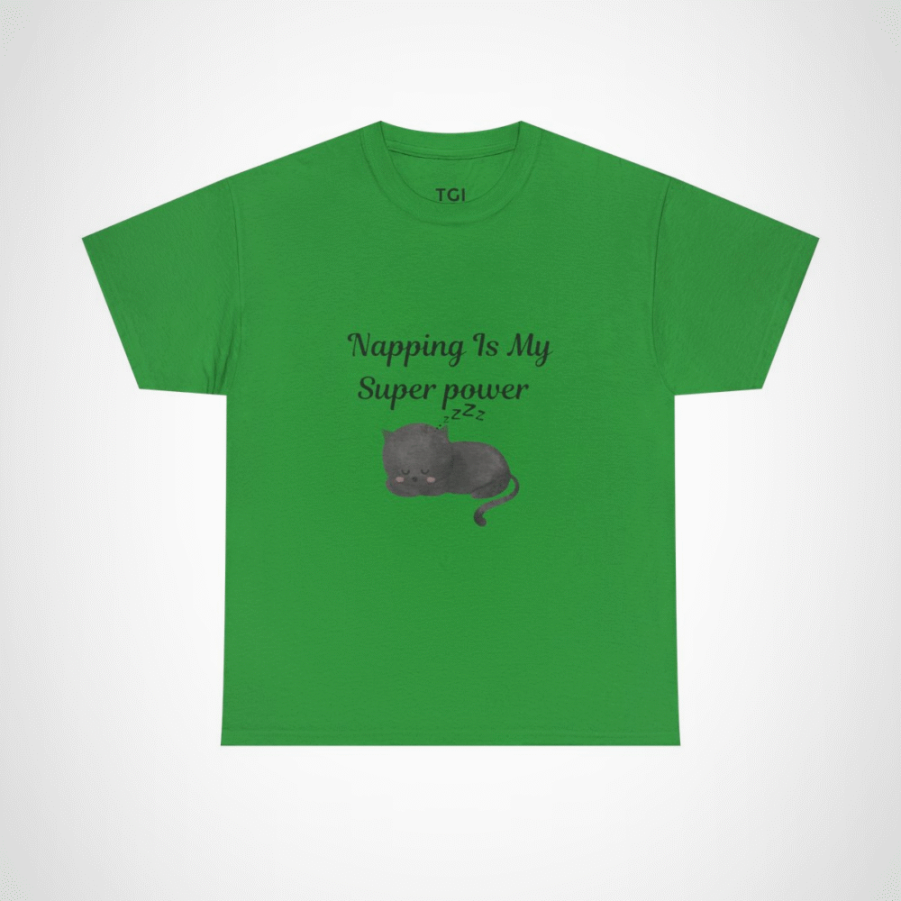 Illustration of a sleeping black cat on a t-shirt for cat lovers Irish Green colour