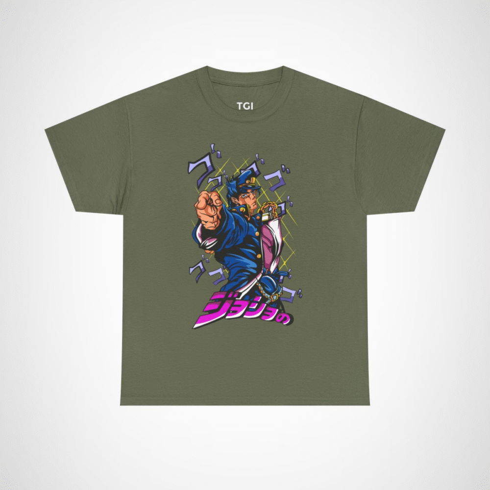 JoJo's Bizarre Adventure inspired character t-shirt with dynamic artwork Military Green colour
