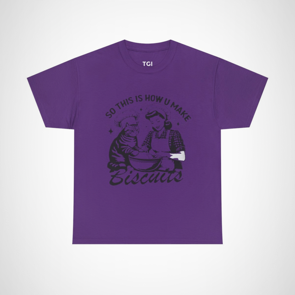 Humorous t-shirt featuring a cat and a baker with the phrase 'So This Is How You Make Biscuits' Purple colour
