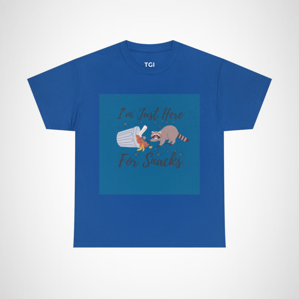 Adorable raccoon design on I'm Just Here for Snacks t-shirt Royal colour