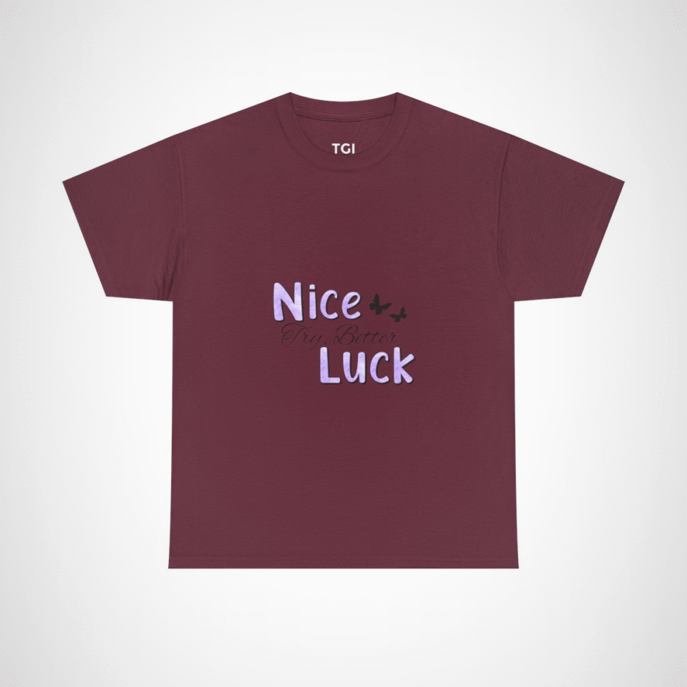 Nice Luck Positive Vibes T-Shirt in soft purple shades, featuring uplifting typography Maroon colour