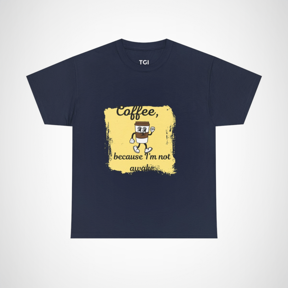 Coffee Lover's Tee with a whimsical coffee cup design Navy colour