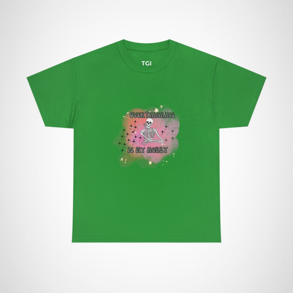 Funny 'Overthinking Is My Hobby' Skeleton T-Shirt for casual wear Irish Green colour