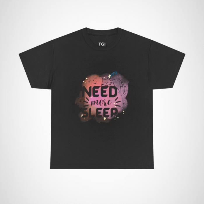 Need More Sleep Cat T-Shirt featuring a snoozing cat design Black colour