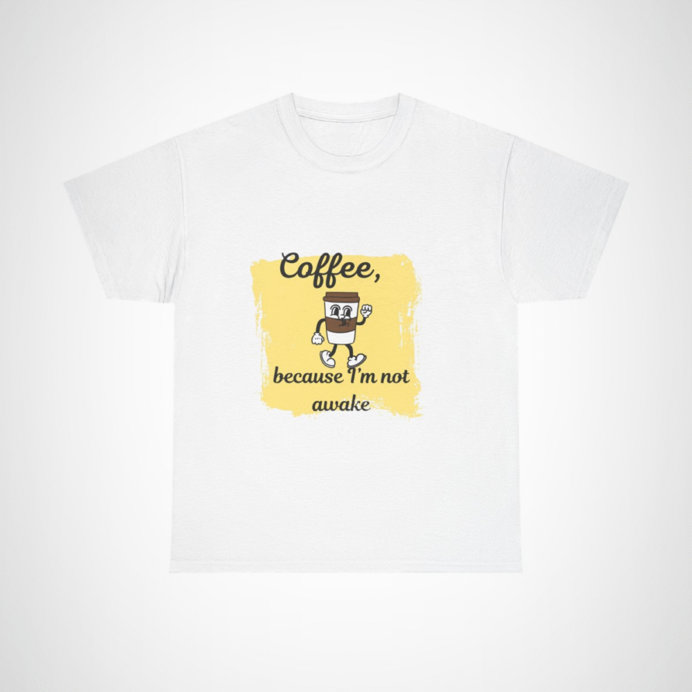 Coffee Lover's Tee with a whimsical coffee cup design White colour