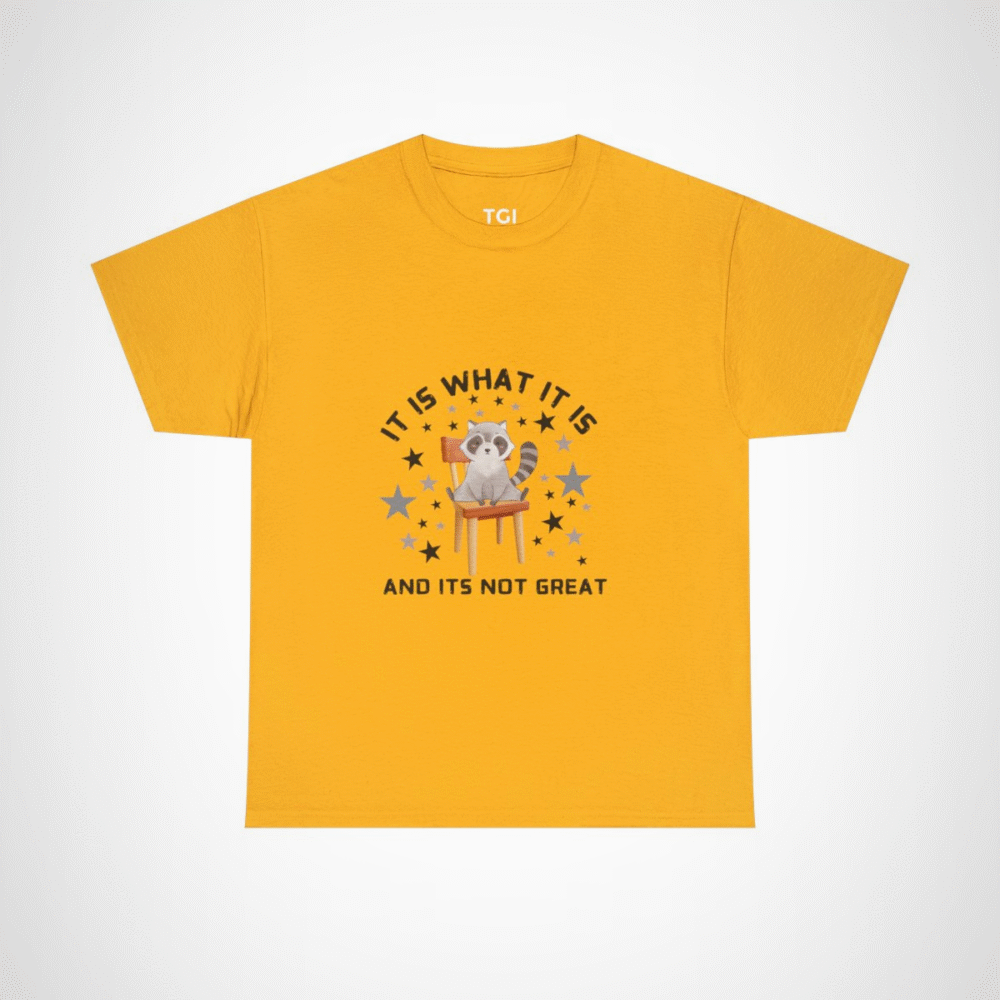 Cute raccoon t-shirt with whimsical design for animal lovers Gold colour