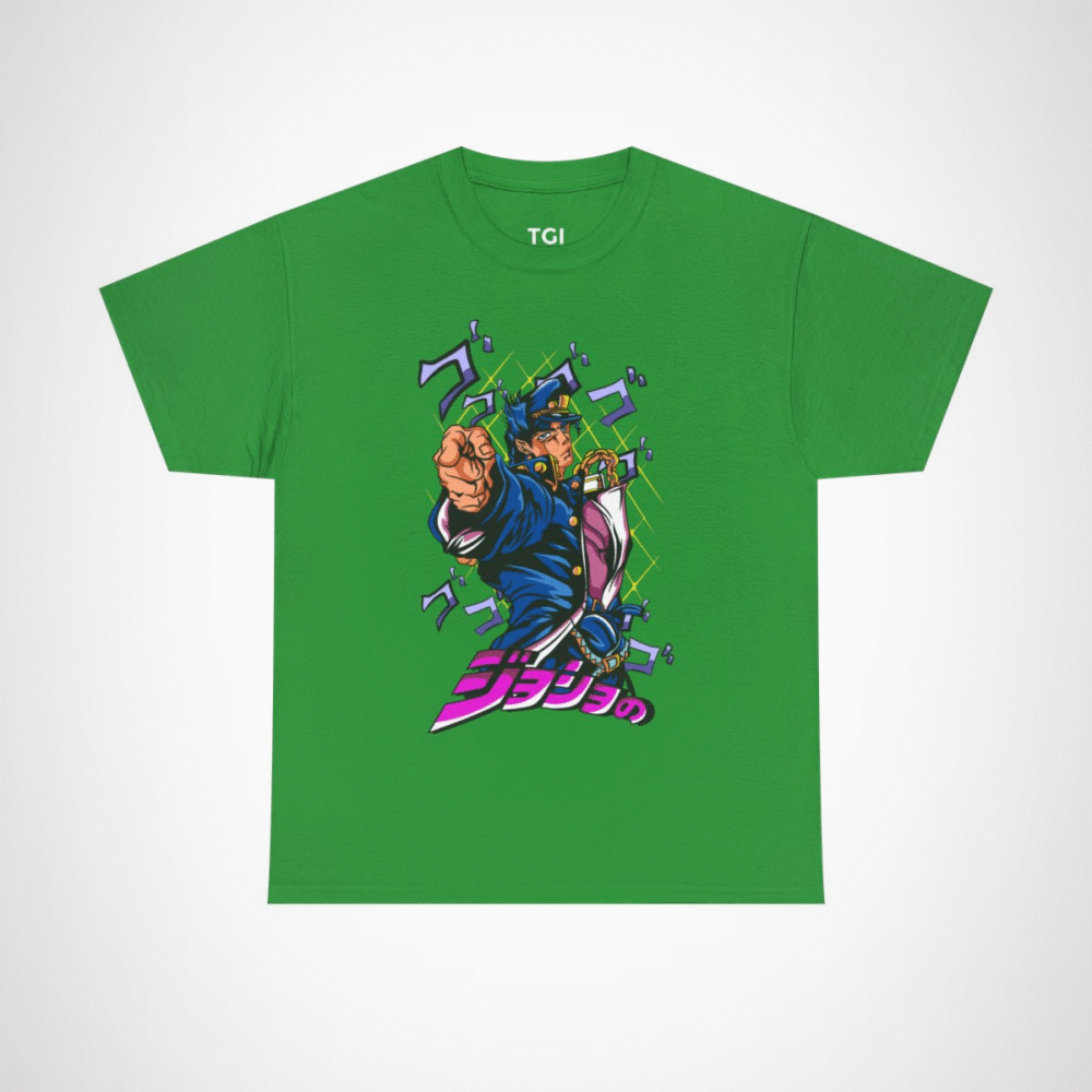 JoJo's Bizarre Adventure inspired character t-shirt with dynamic artwork Irish Green colour