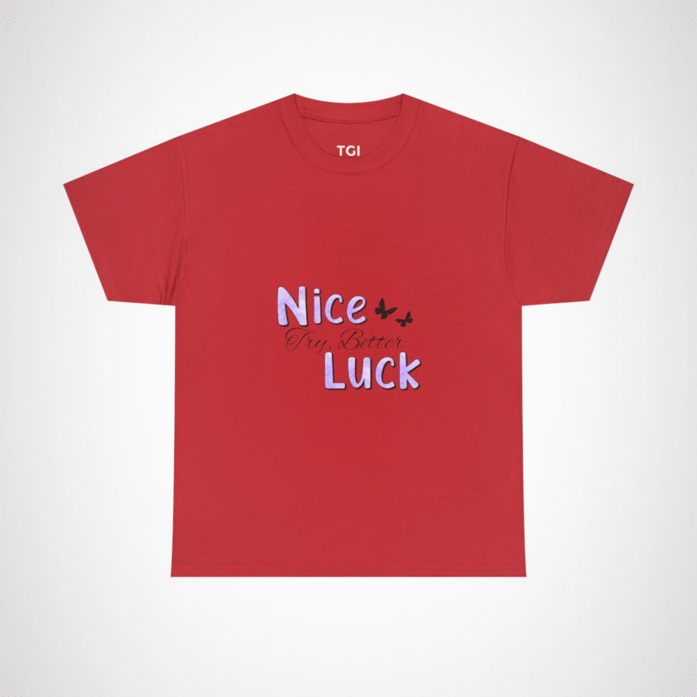 Nice Luck Positive Vibes T-Shirt in soft purple shades, featuring uplifting typography Red colour