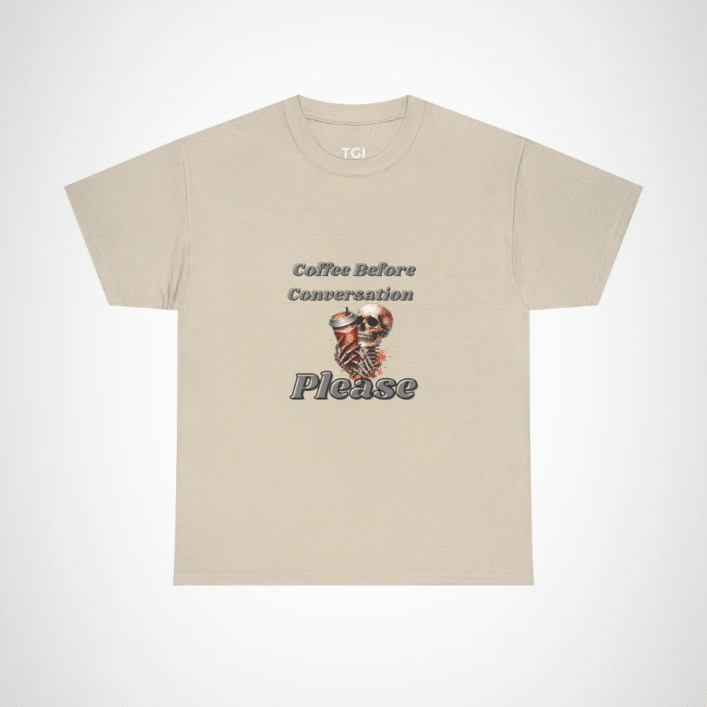 Skull design holding a coffee cup on a t-shirt for coffee lovers Sand colour