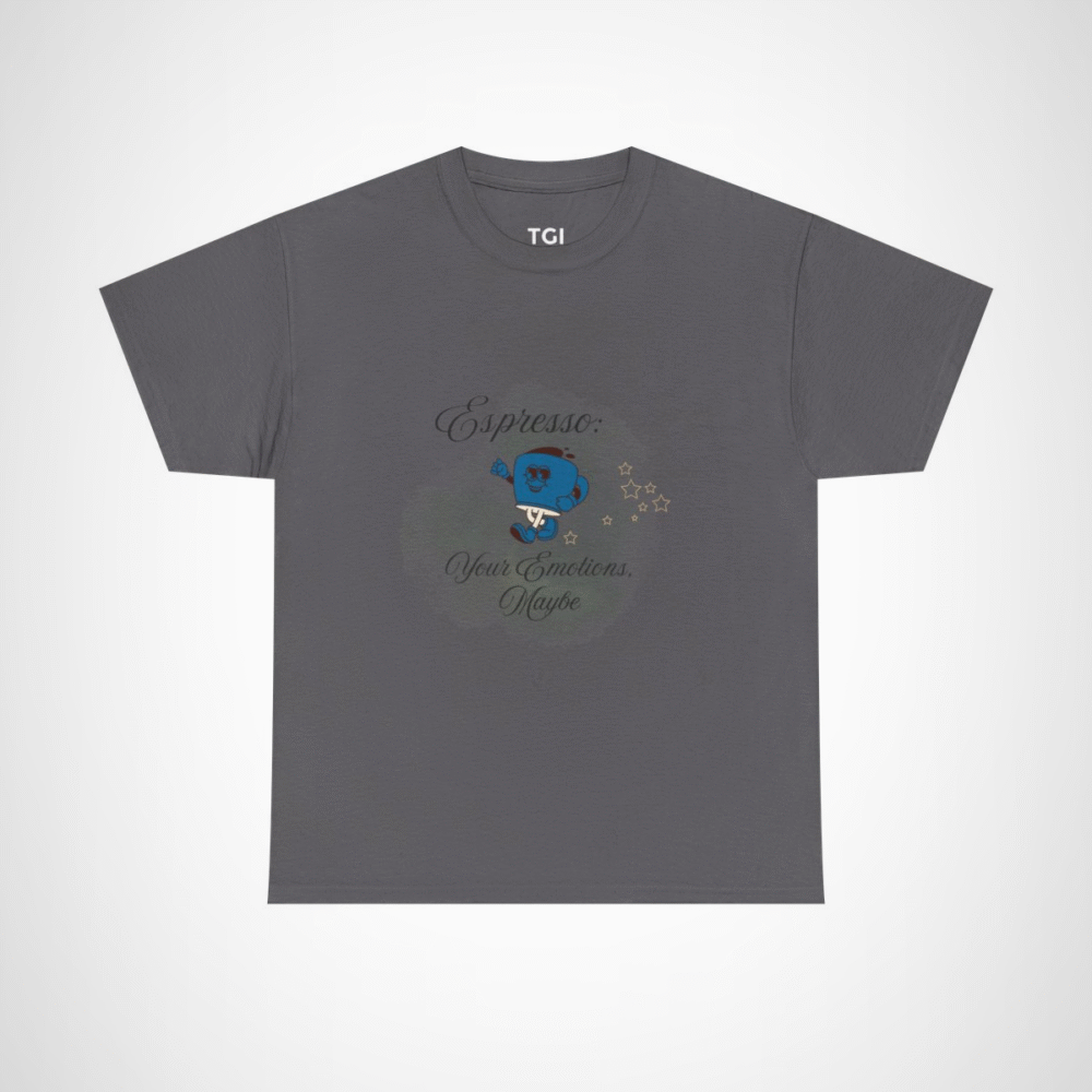 Cartoon coffee cup design on a t-shirt for coffee lovers Charcoal colour