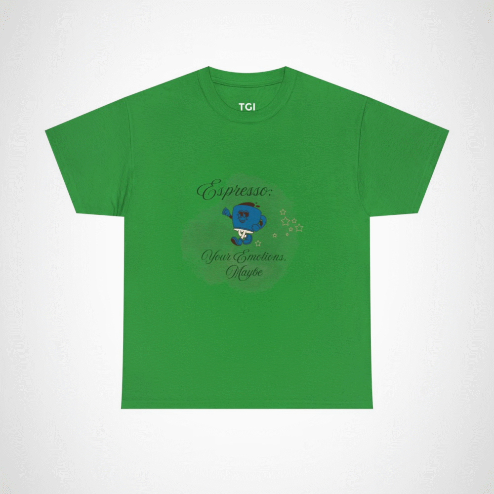 Cartoon coffee cup design on a t-shirt for coffee lovers Irish Green colour